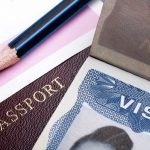 Passport and US visa background with  immigration application form.