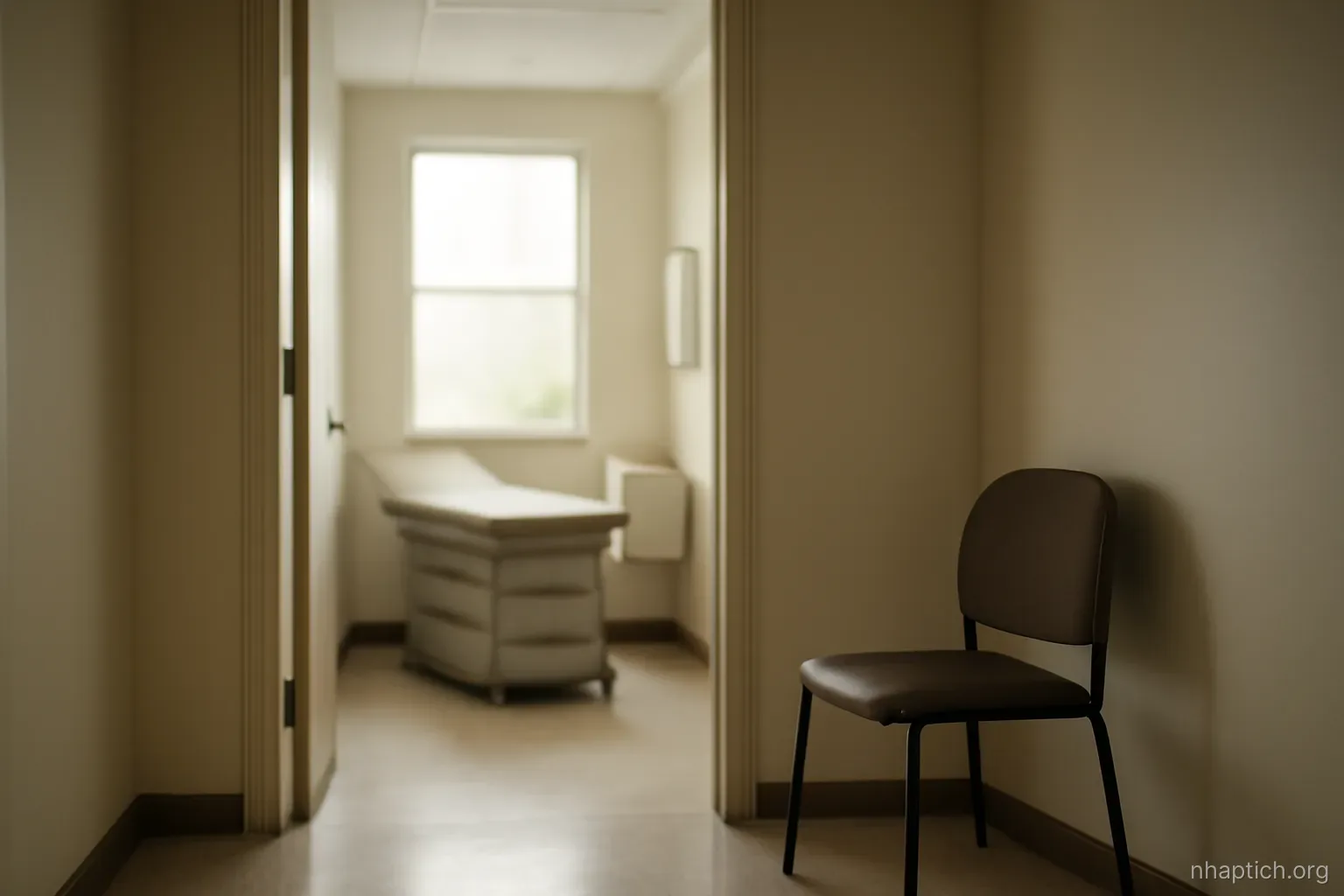 an empty exam room doorway seen from the corridor with a chair placed outside against the wall