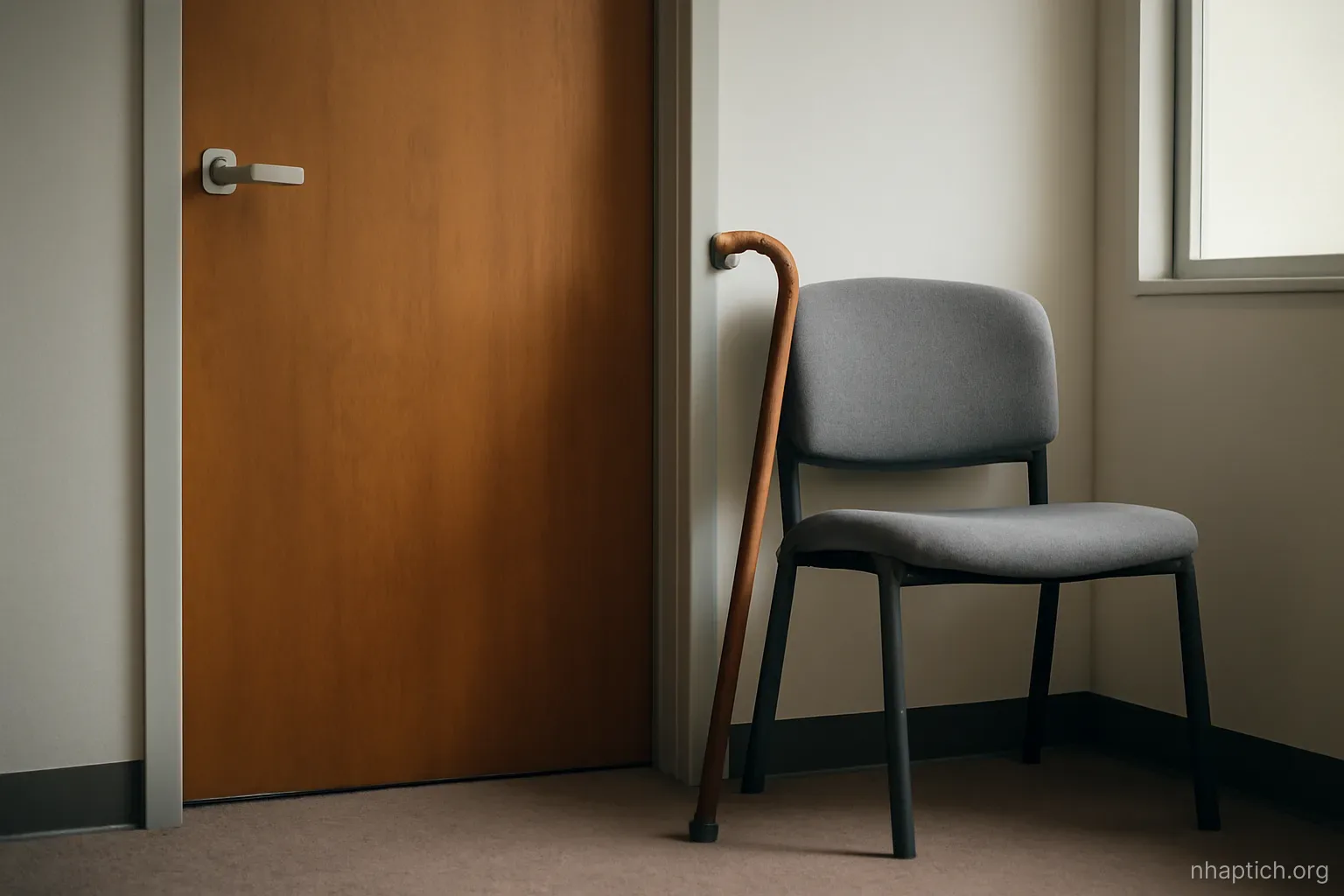 an elderly persons walking cane leaning against an empty chair beside a closed office door