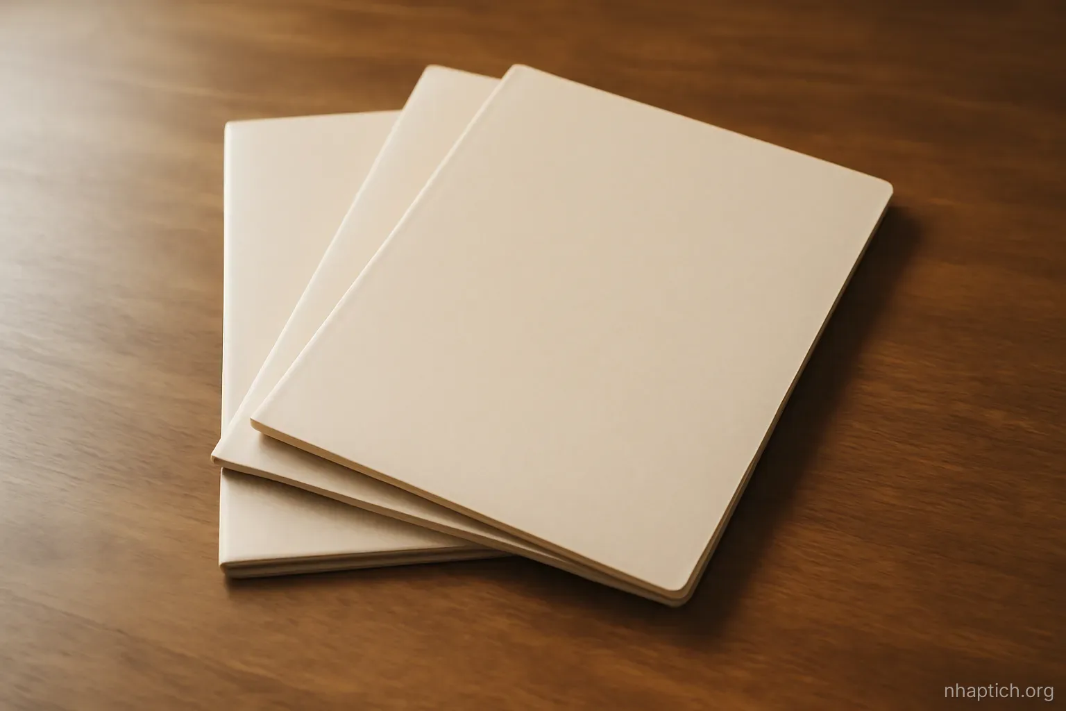 three plain paper folders of different thickness stacked slightly offset on a wooden desk, overhead view