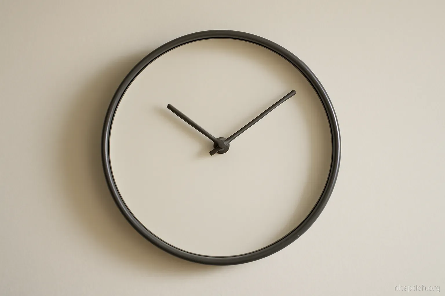 a wall-mounted analog clock with plain hands and no numbers, photographed straight on against a pale wall