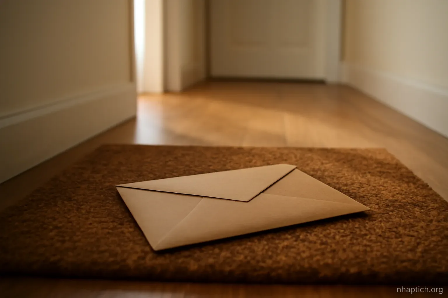 a sealed envelope lying face down on a doormat inside a quiet hallway, morning light from one side