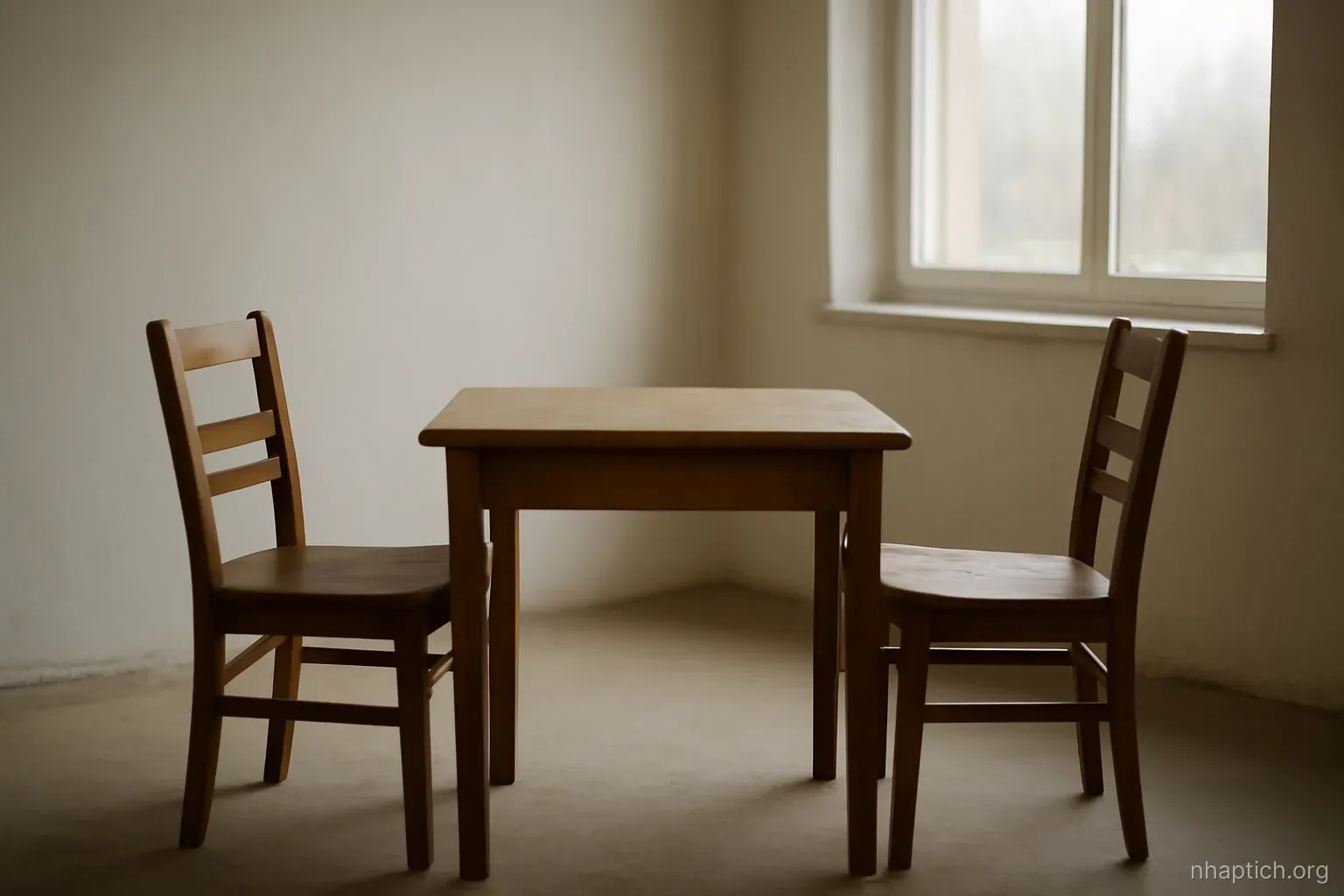 two empty chairs facing each other across a small bare table in a plain room with one window