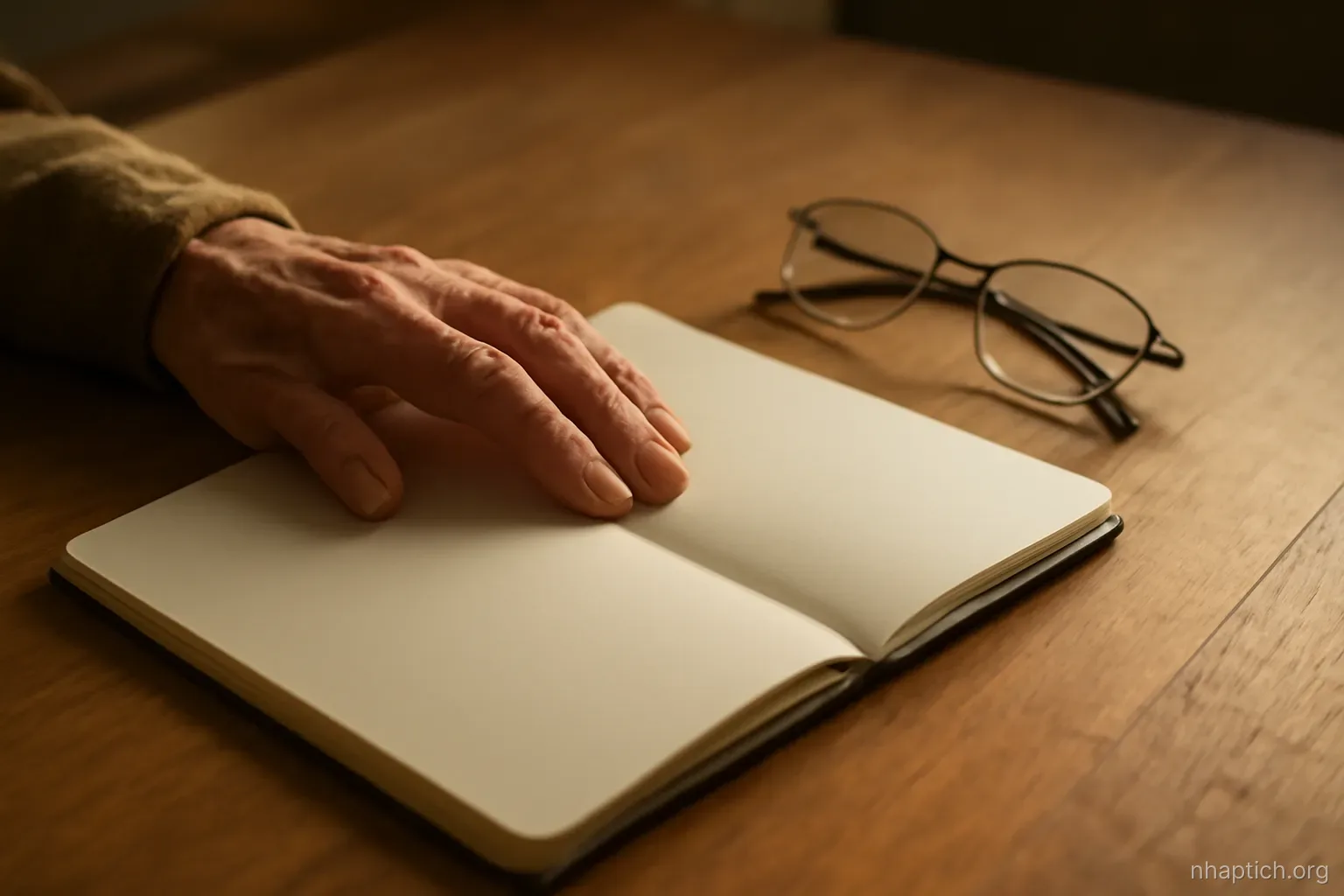 an elderly hand resting on a plain notebook beside a pair of glasses on a kitchen table, warm side light