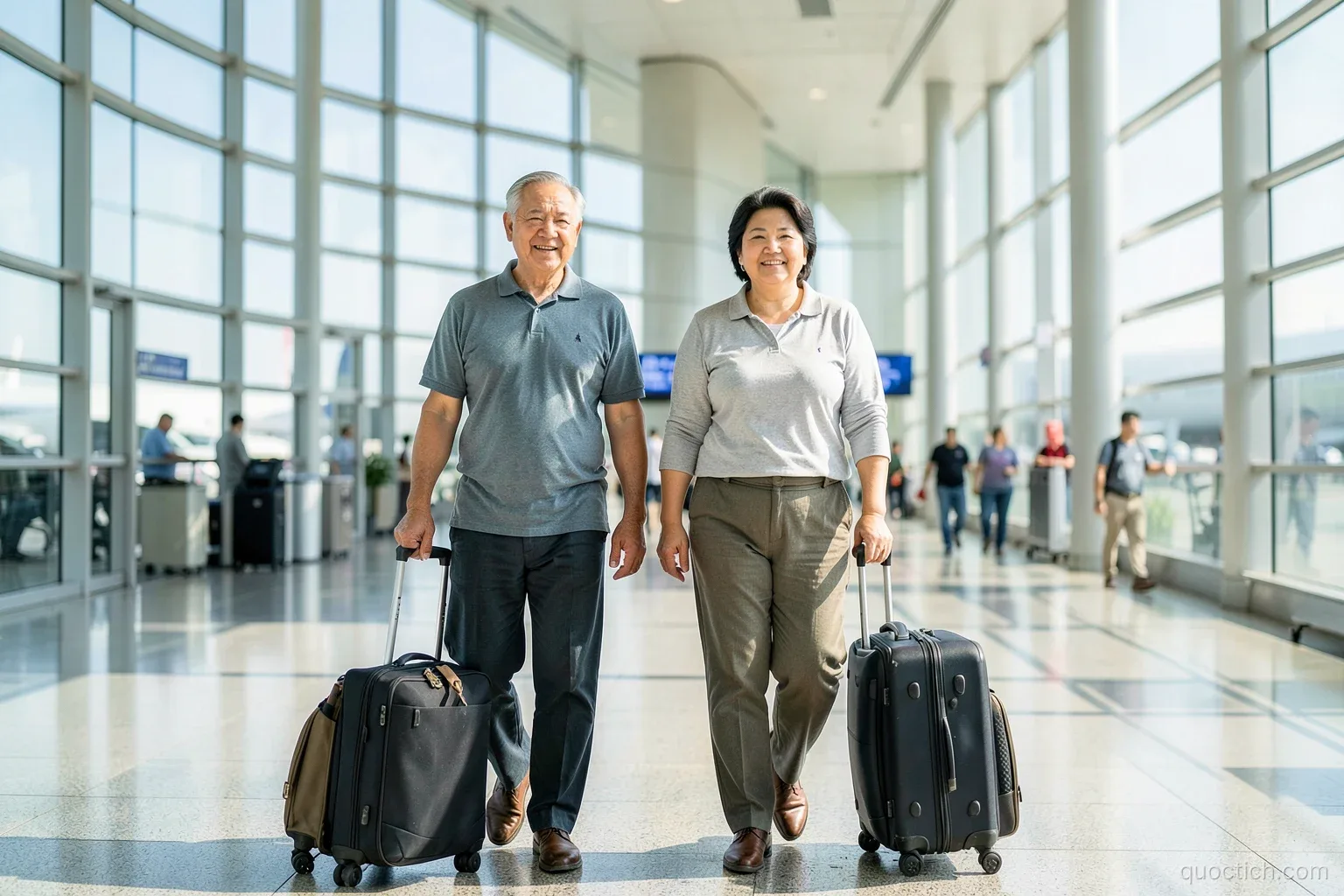 Vietnamese couple in their forties walking with rolling suitcases through a bright glass arrivals hall at Toronto Pearson airport, wide shot, morning sunlight through tall windows