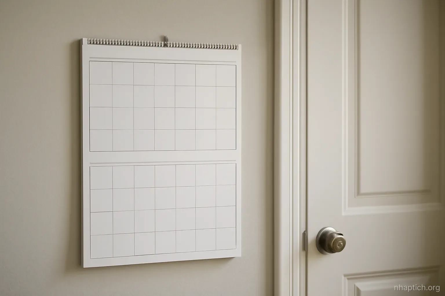 a wall calendar with several months visible and all squares empty, hanging beside a closed door