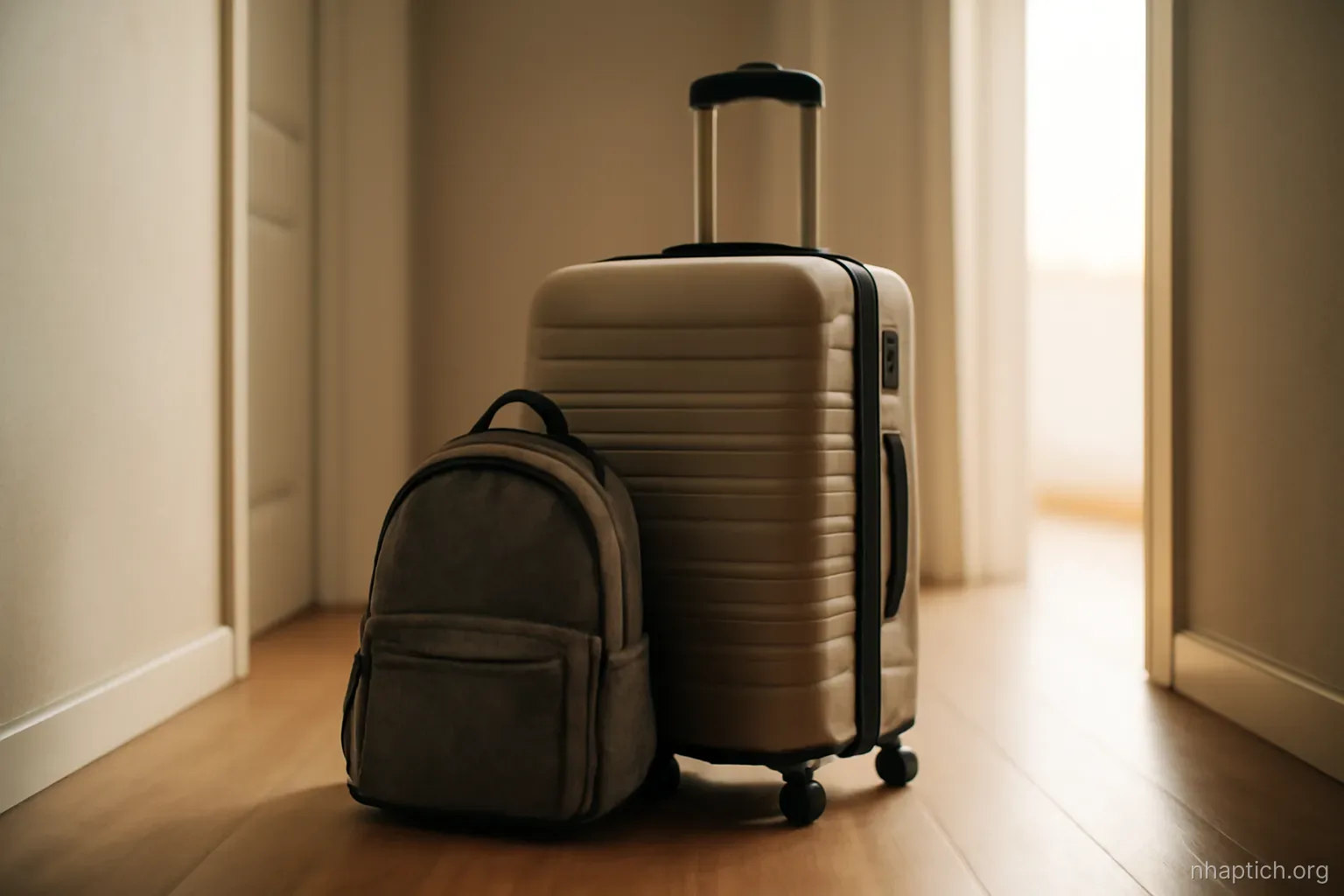 a small backpack placed beside a larger suitcase in a bare hallway, morning light from a doorway