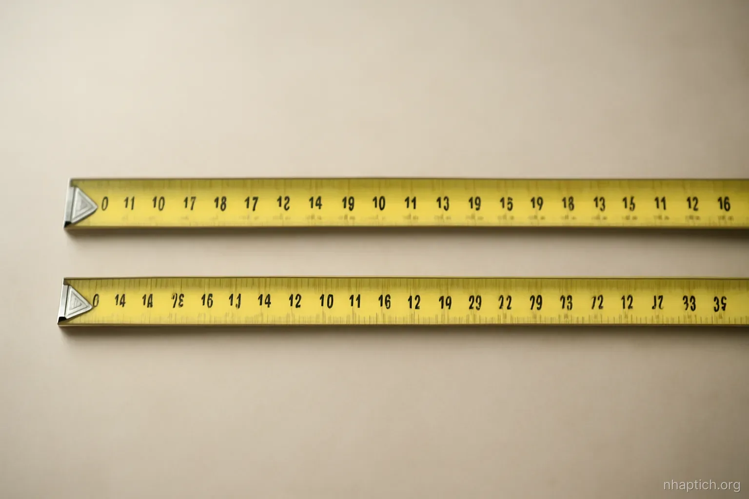 two parallel measuring tapes of different lengths laid side by side on a plain surface, seen from above