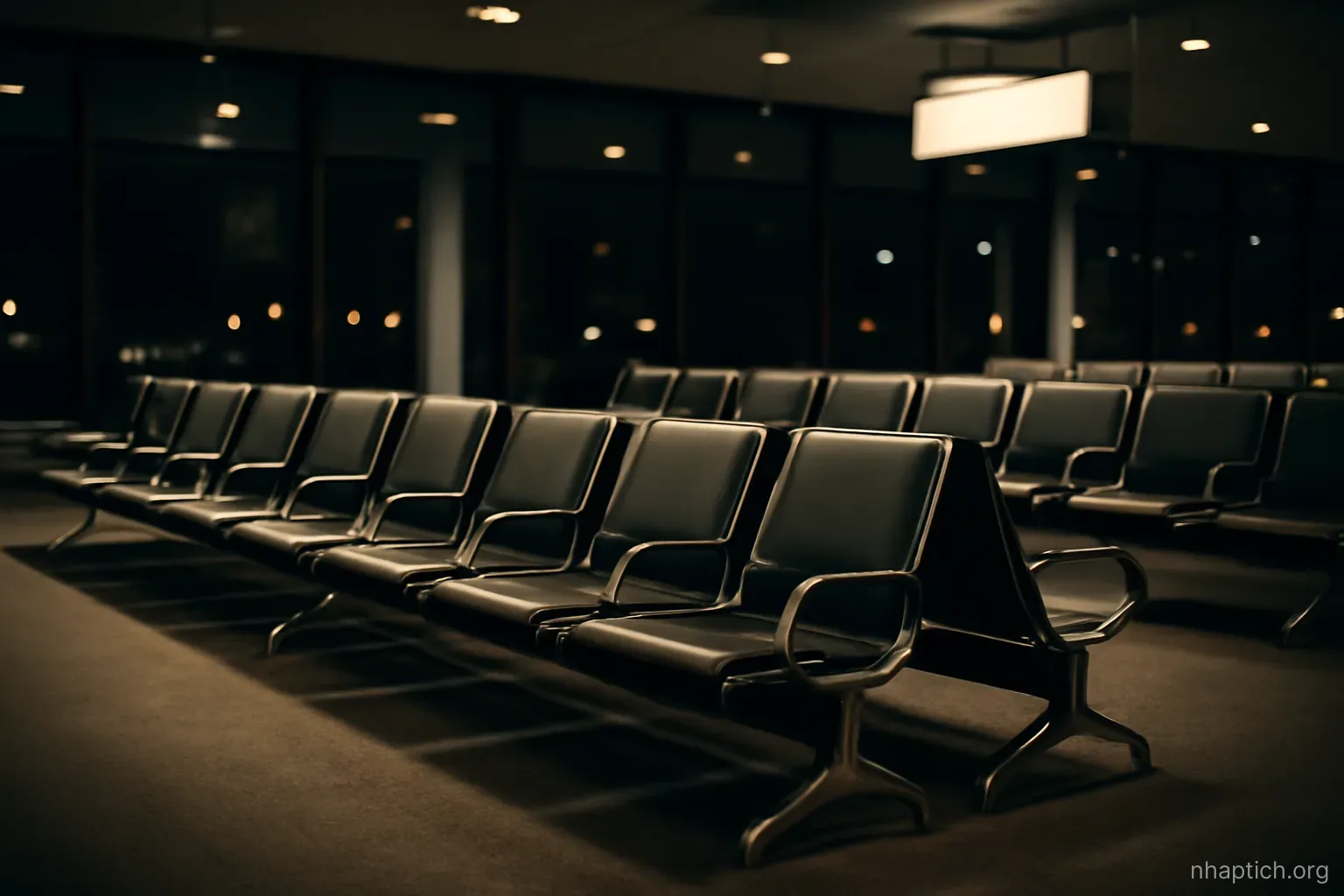 an empty airport departure gate seating area at night with rows of vacant chairs and a dark window wall