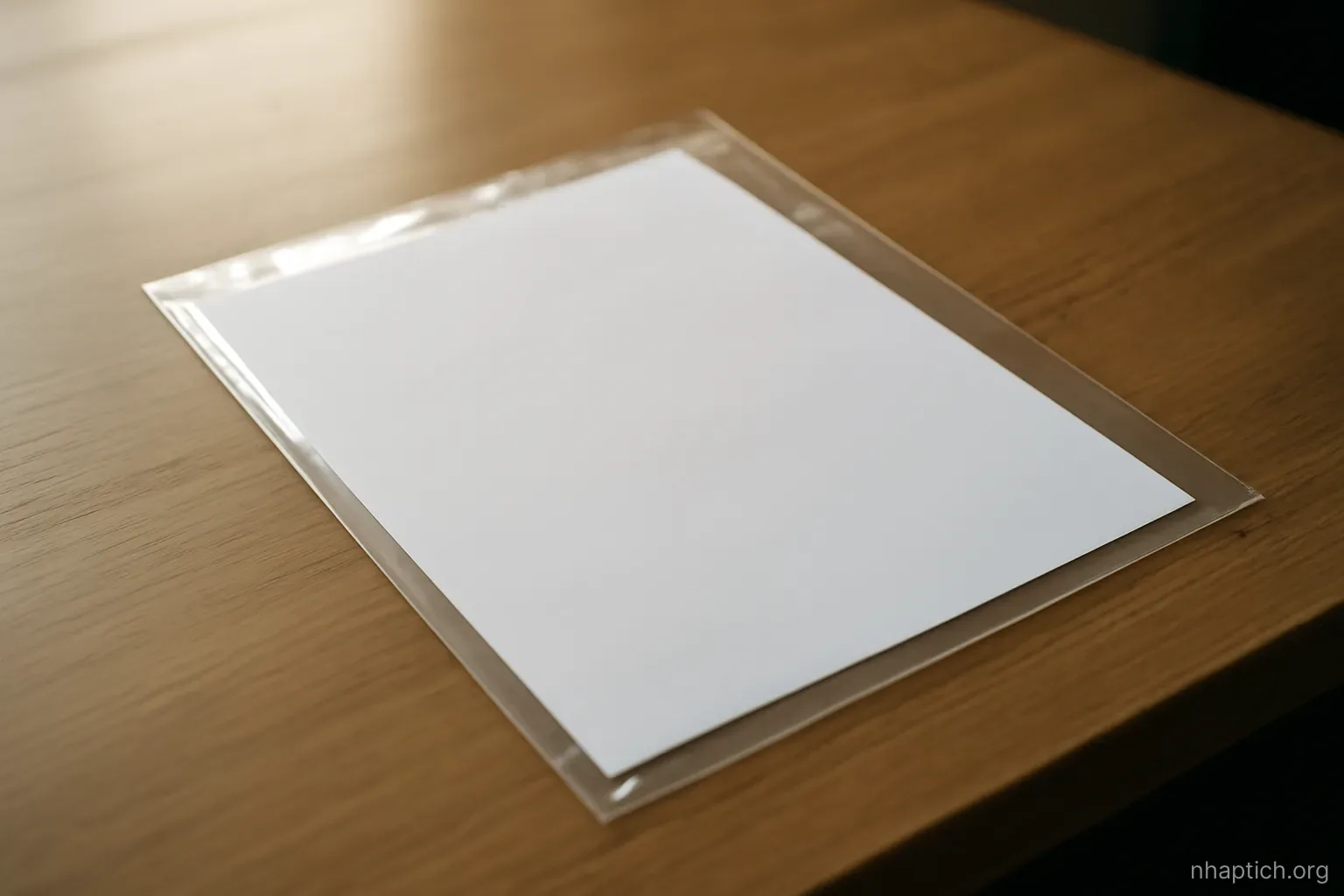 a single sheet of paper inside a clear plastic sleeve resting on a desk, edges catching the light