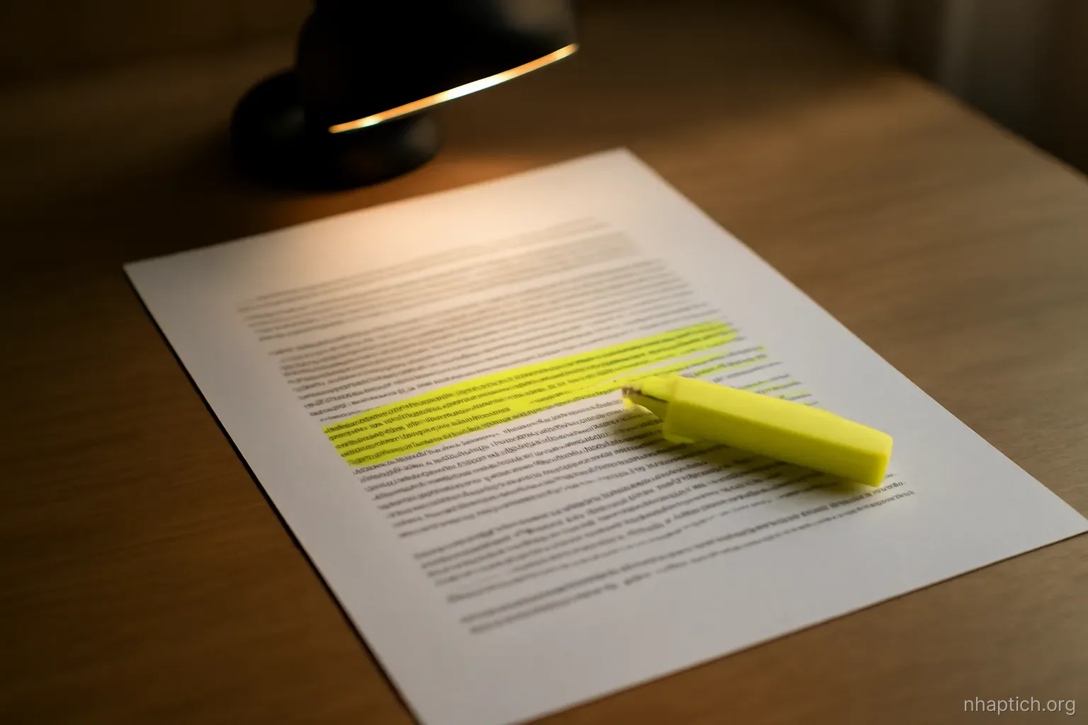 an official letter lying flat under a desk lamp with a yellow highlighter resting across one paragraph