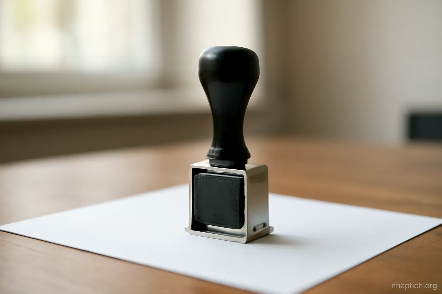 a single date-stamp tool standing upright on an empty desk pad, its rubber face turned away from the camera