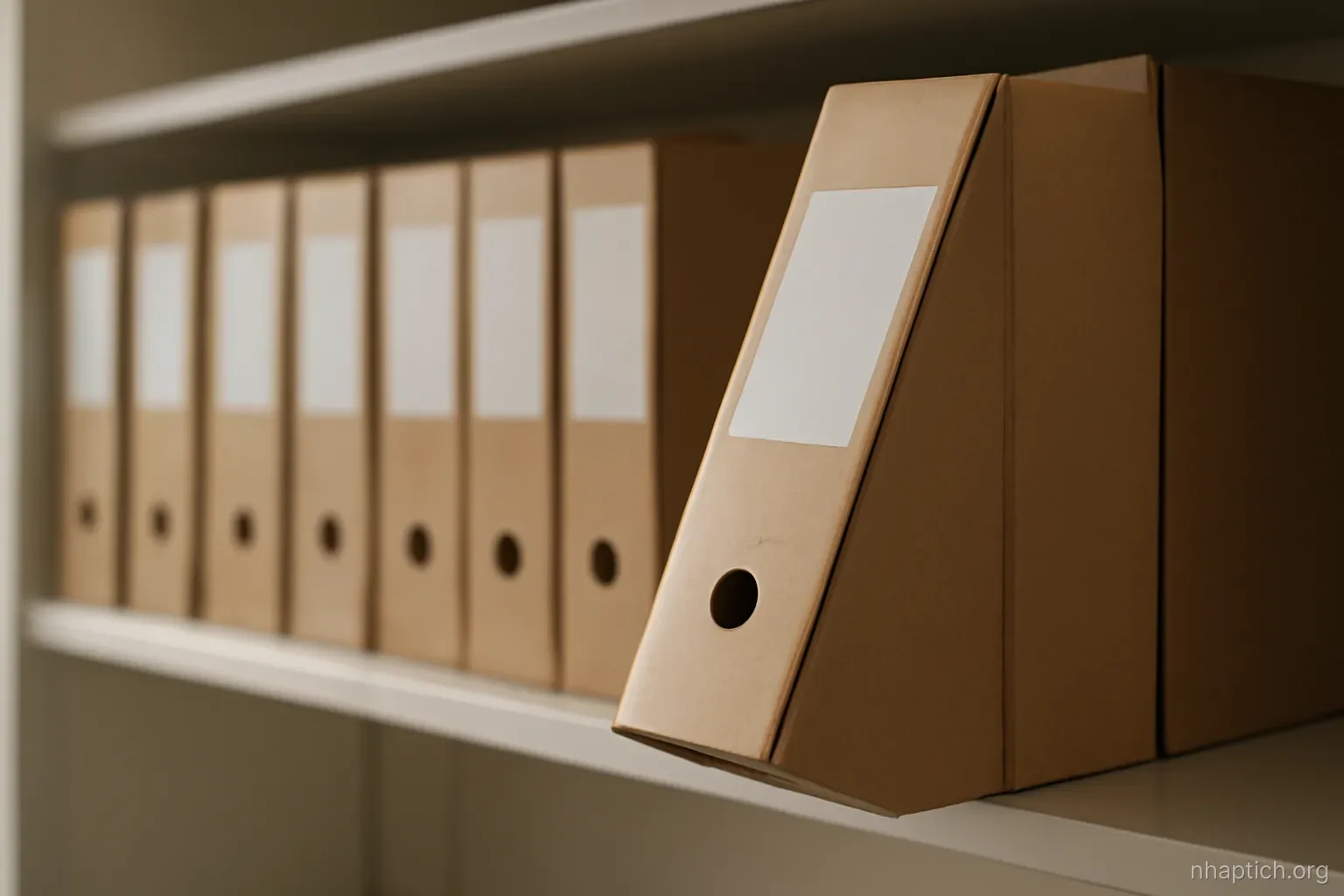 a row of labeled cardboard file boxes on a shelf with one box pulled slightly forward, side view in plain light