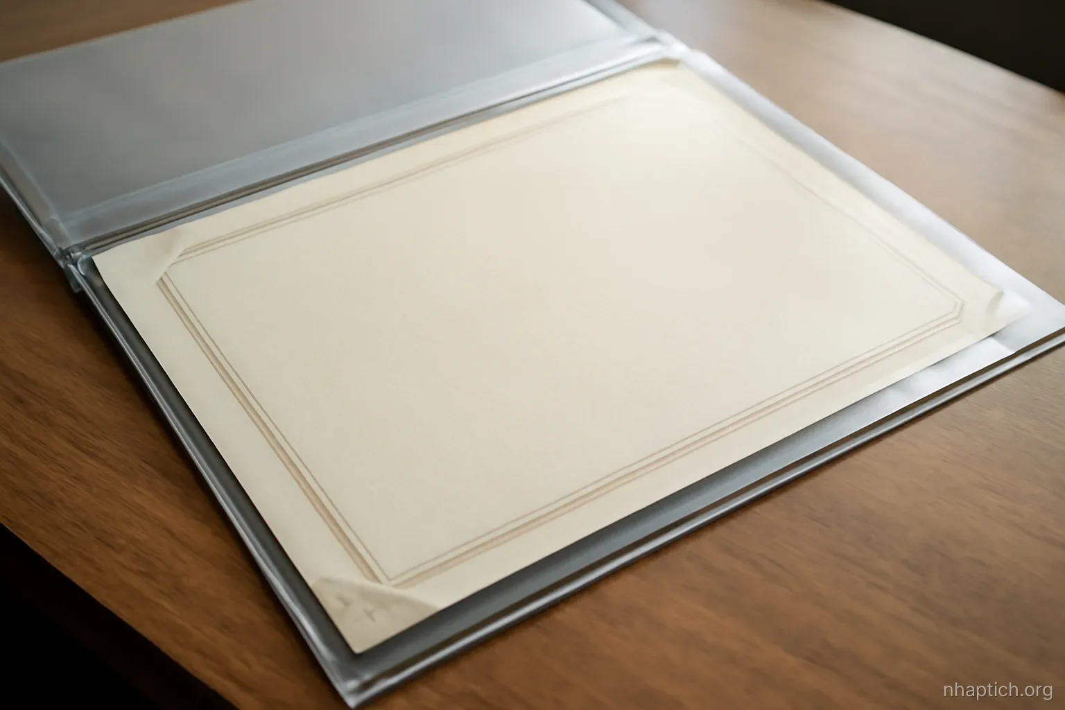 a large certificate lying flat inside an open archival sleeve on a table, corners protected by clear mounts