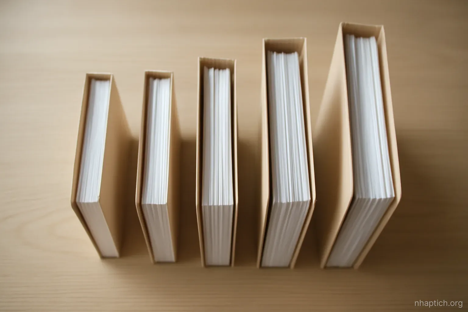 five paper folders of increasing thickness lined up on a desk with gaps between them, viewed from above