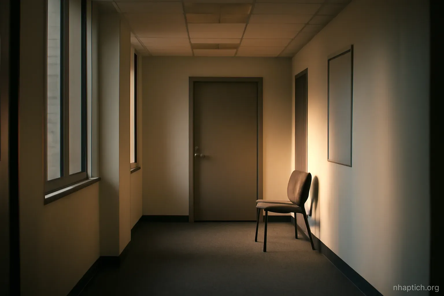 an office corridor with a closed door at the end and an empty chair beside it, late daylight