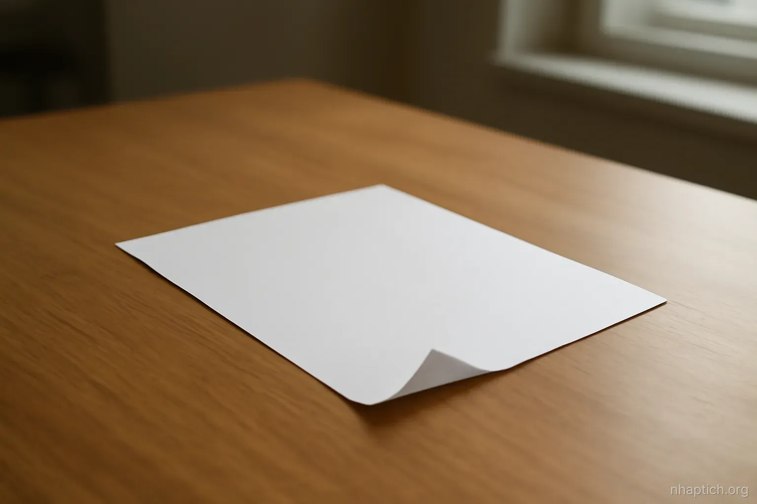 a single sheet of paper with one corner folded down, lying alone in the middle of an empty desk