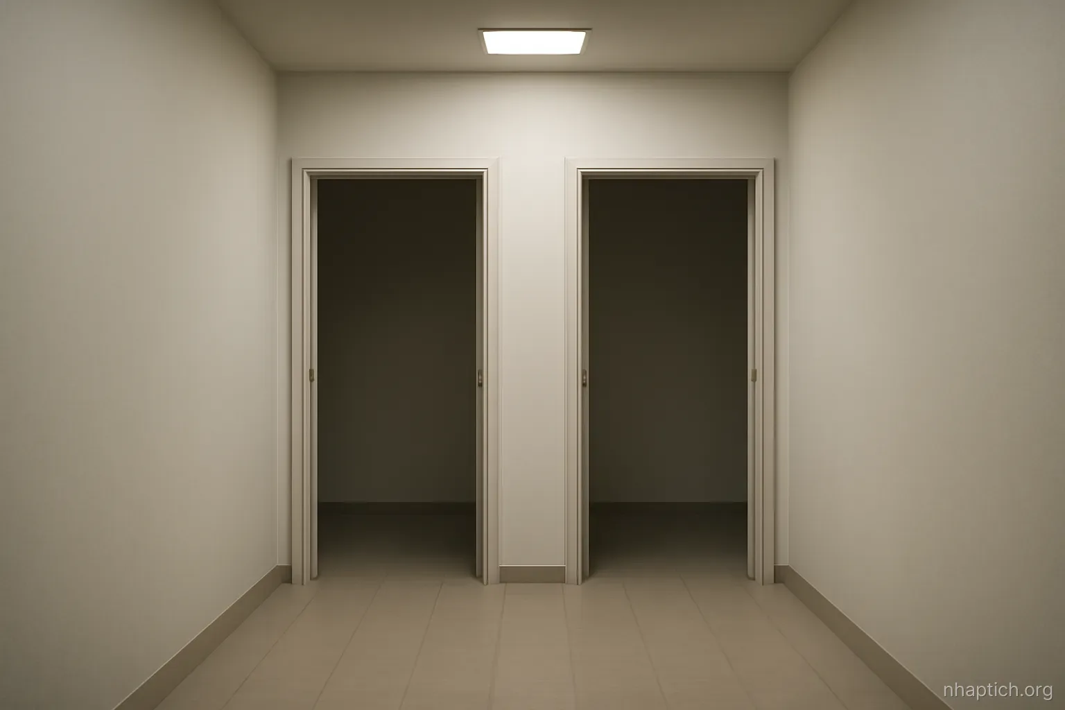 a corridor splitting into two identical unmarked doorways, seen head-on under even ceiling light