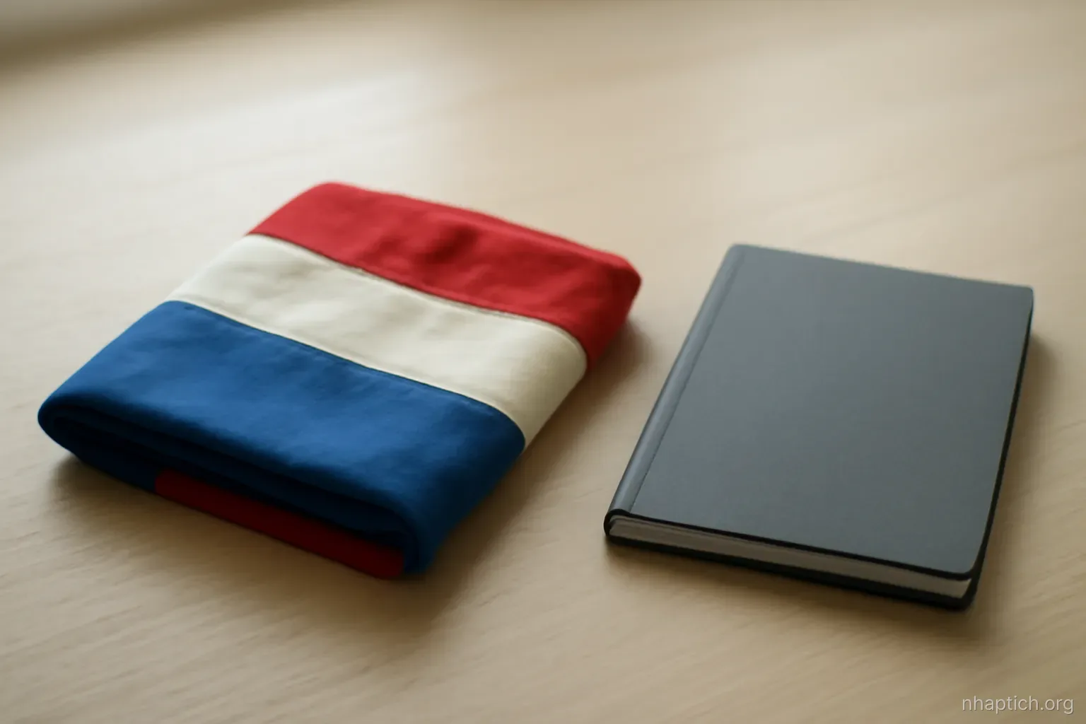 a folded national flag of no identifiable country lying on a plain table beside a closed booklet
