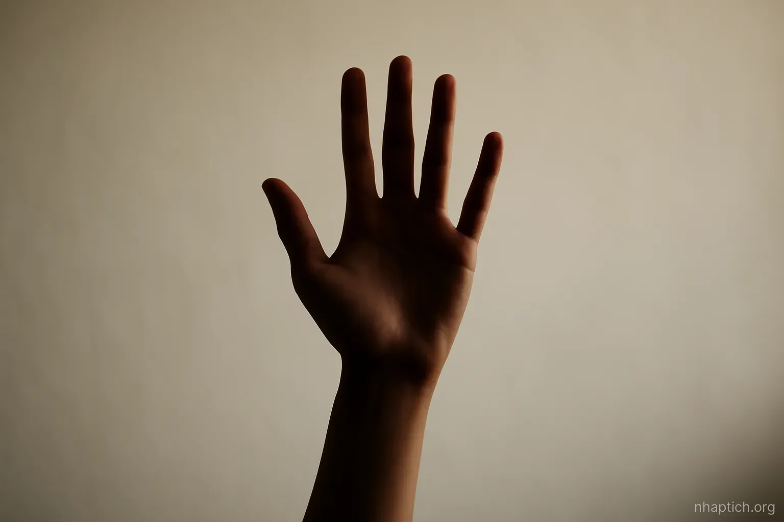 a raised open hand silhouetted against a plain pale wall, no face or background detail visible