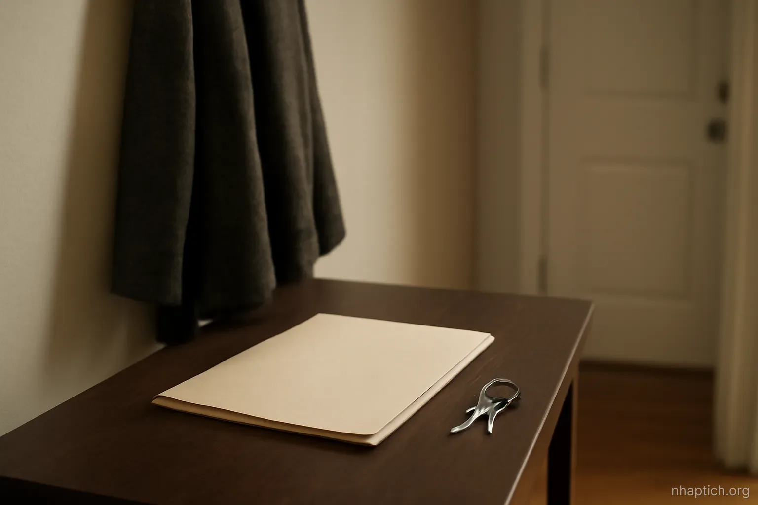 a document folder and a set of keys placed on a hallway table next to a coat hanging on a hook