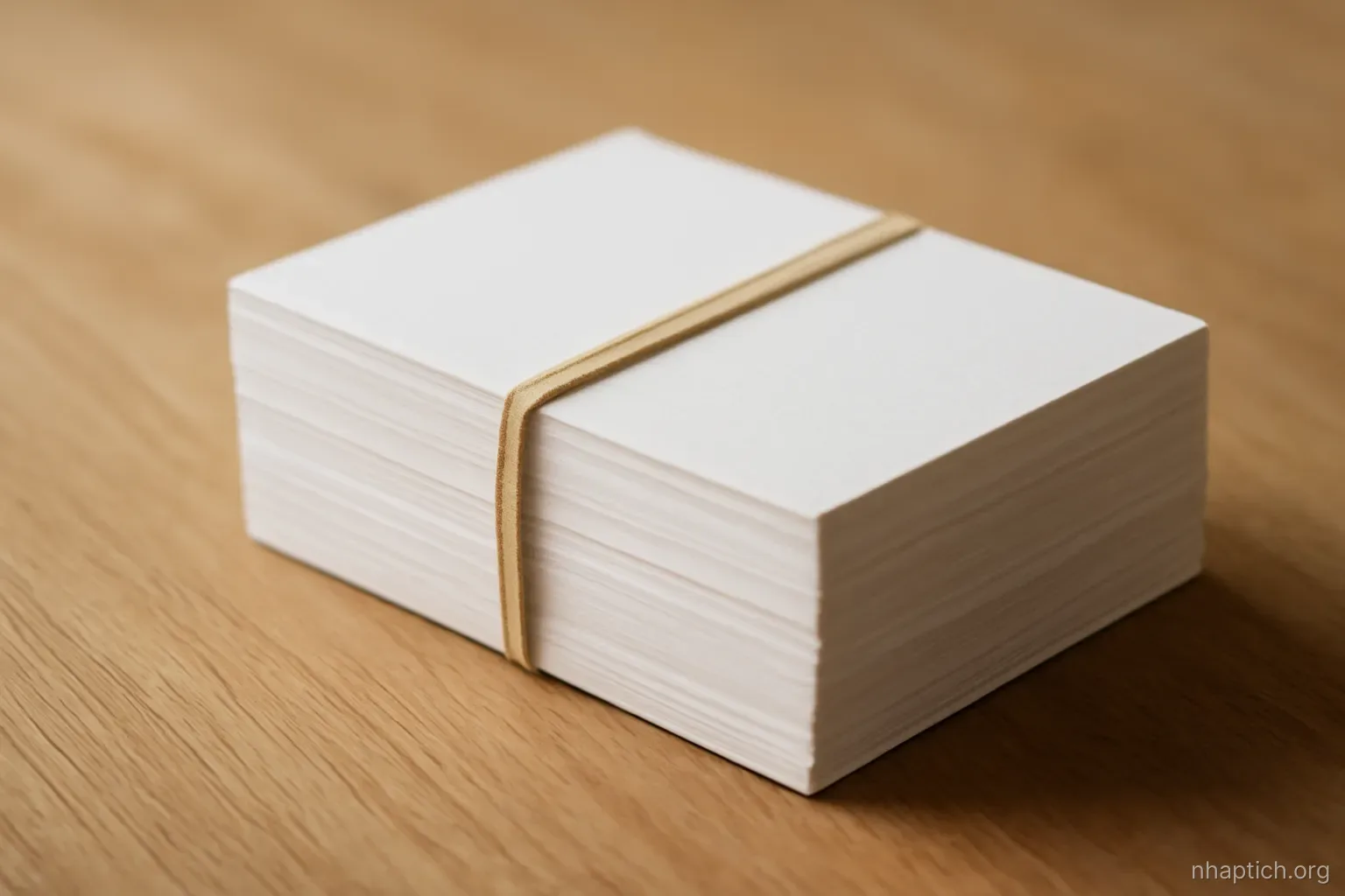 a thick stack of blank index cards held together by a rubber band on a bare wooden surface