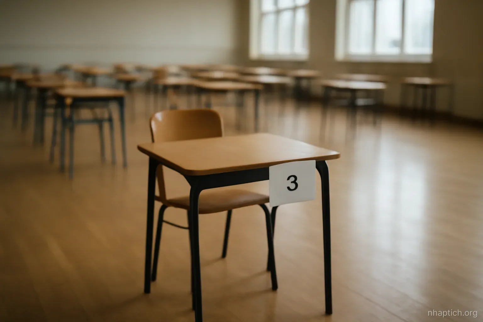 a single numbered desk in a quiet examination hall with a chair pushed in, wide empty floor around it