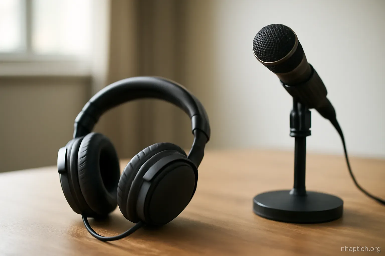 a pair of over-ear headphones resting on an empty desk next to a switched-off microphone stand