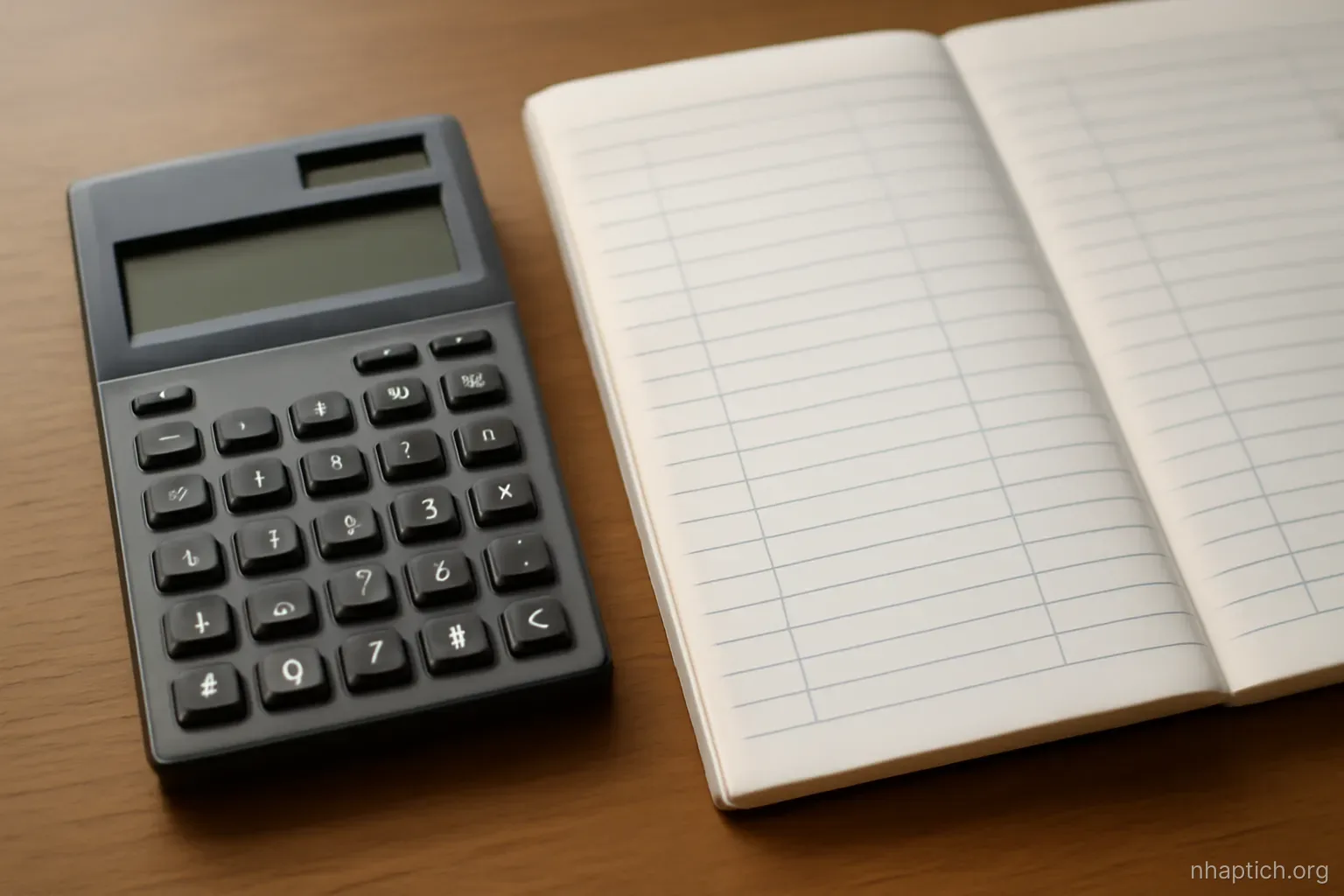 a calculator and a blank ledger page side by side on a desk, no figures visible, overhead angle