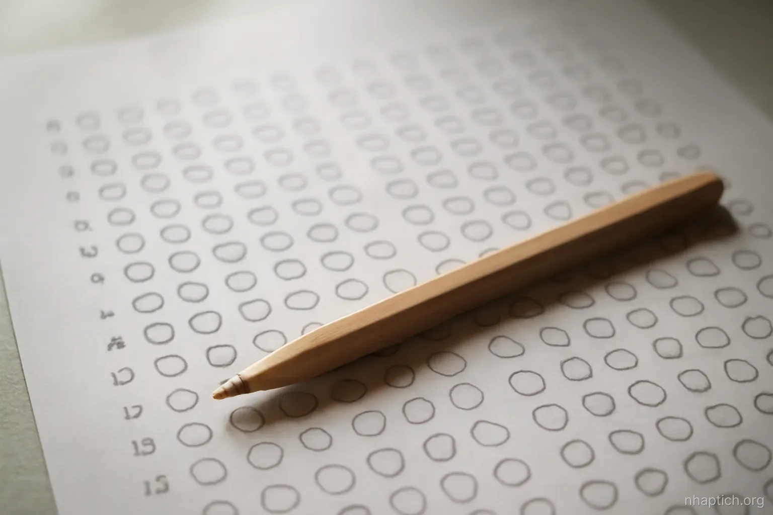 a multiple-choice answer sheet with empty bubbles and a pencil lying diagonally across it, overhead view