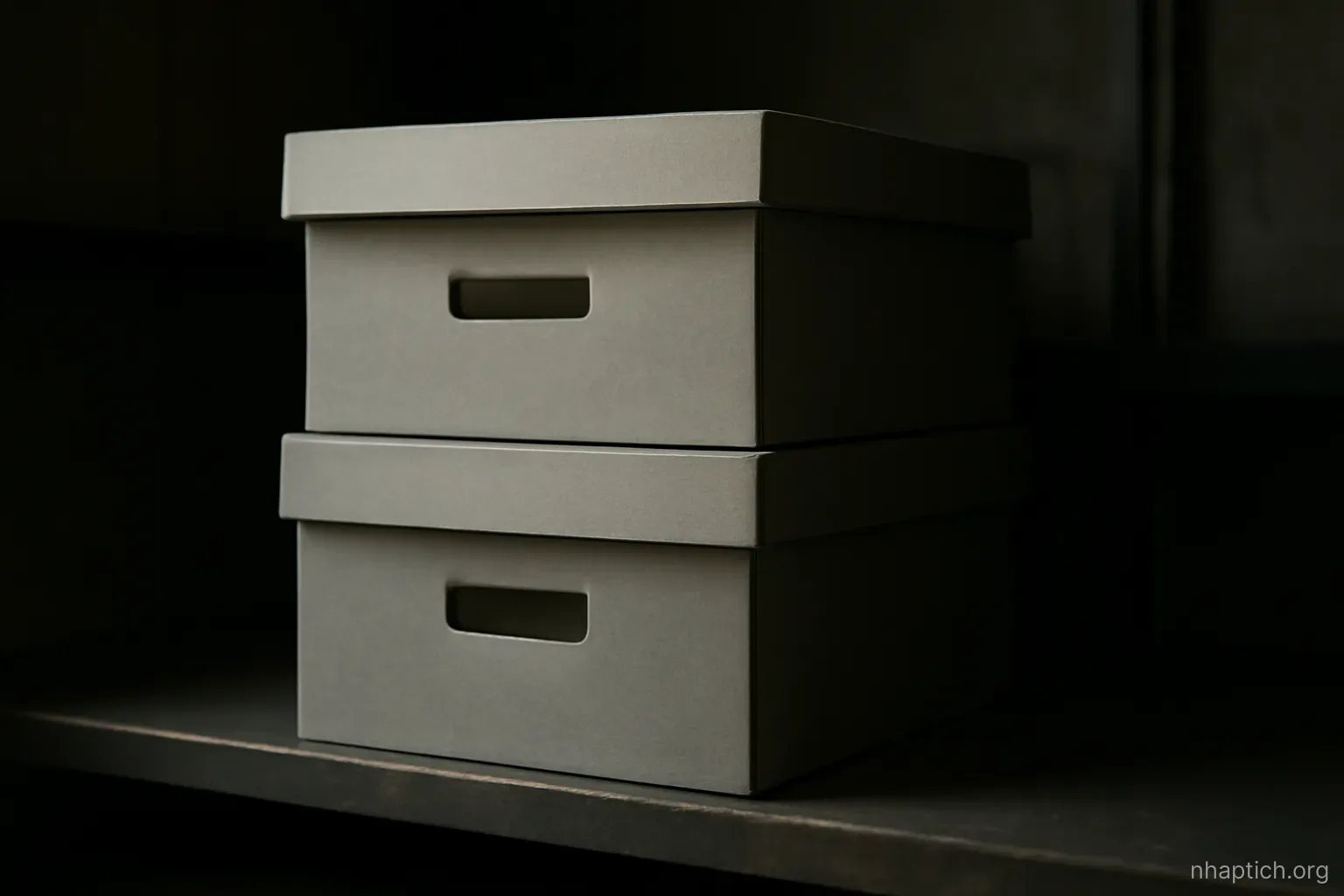 two identical grey archive boxes stacked on a shelf, one lid slightly ajar, dim storage room lighting