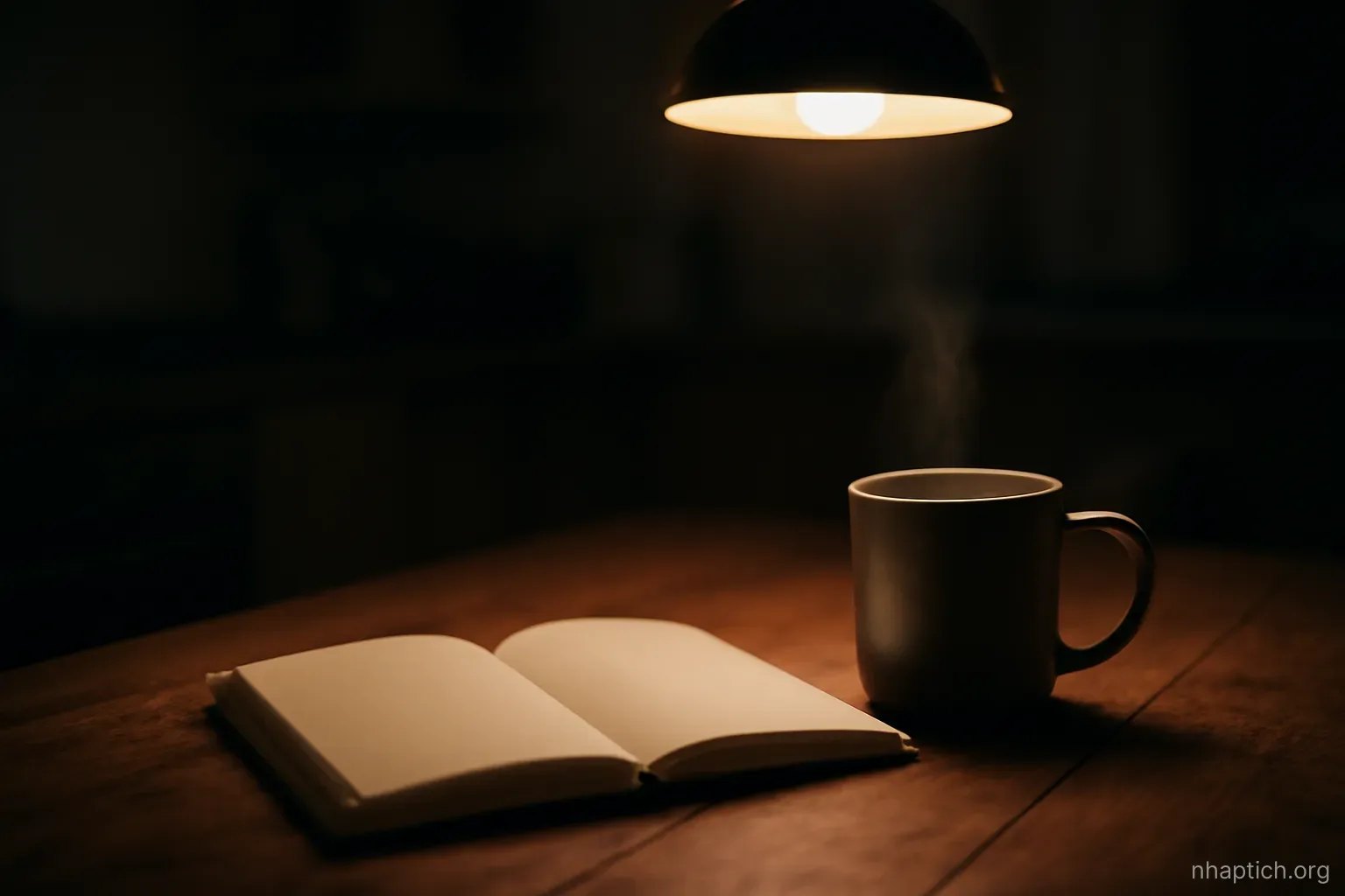 a small notebook open to blank pages beside a cooling mug on a kitchen table at night, single lamp overhead