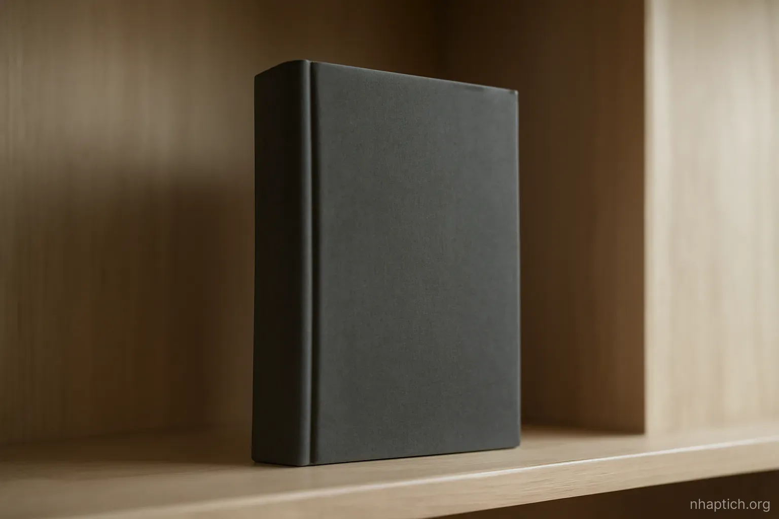a closed legal volume standing upright on an otherwise empty shelf, seen from slightly below