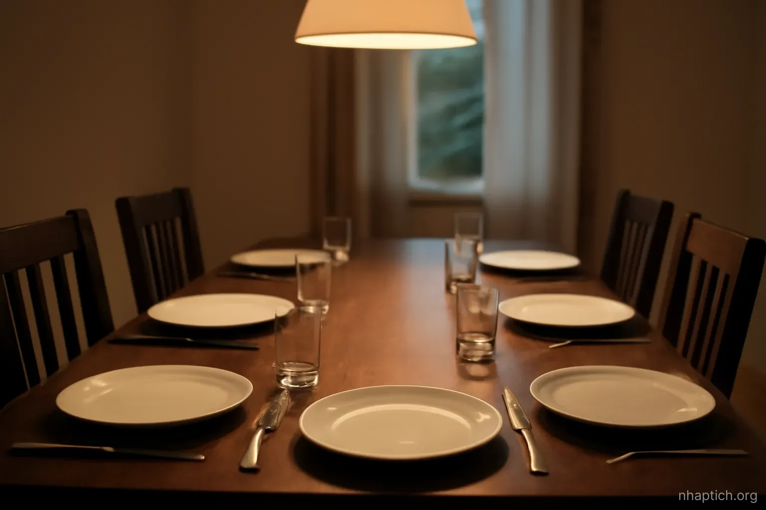 an empty dining table set for six people with plain plates, no food, warm indoor light from above