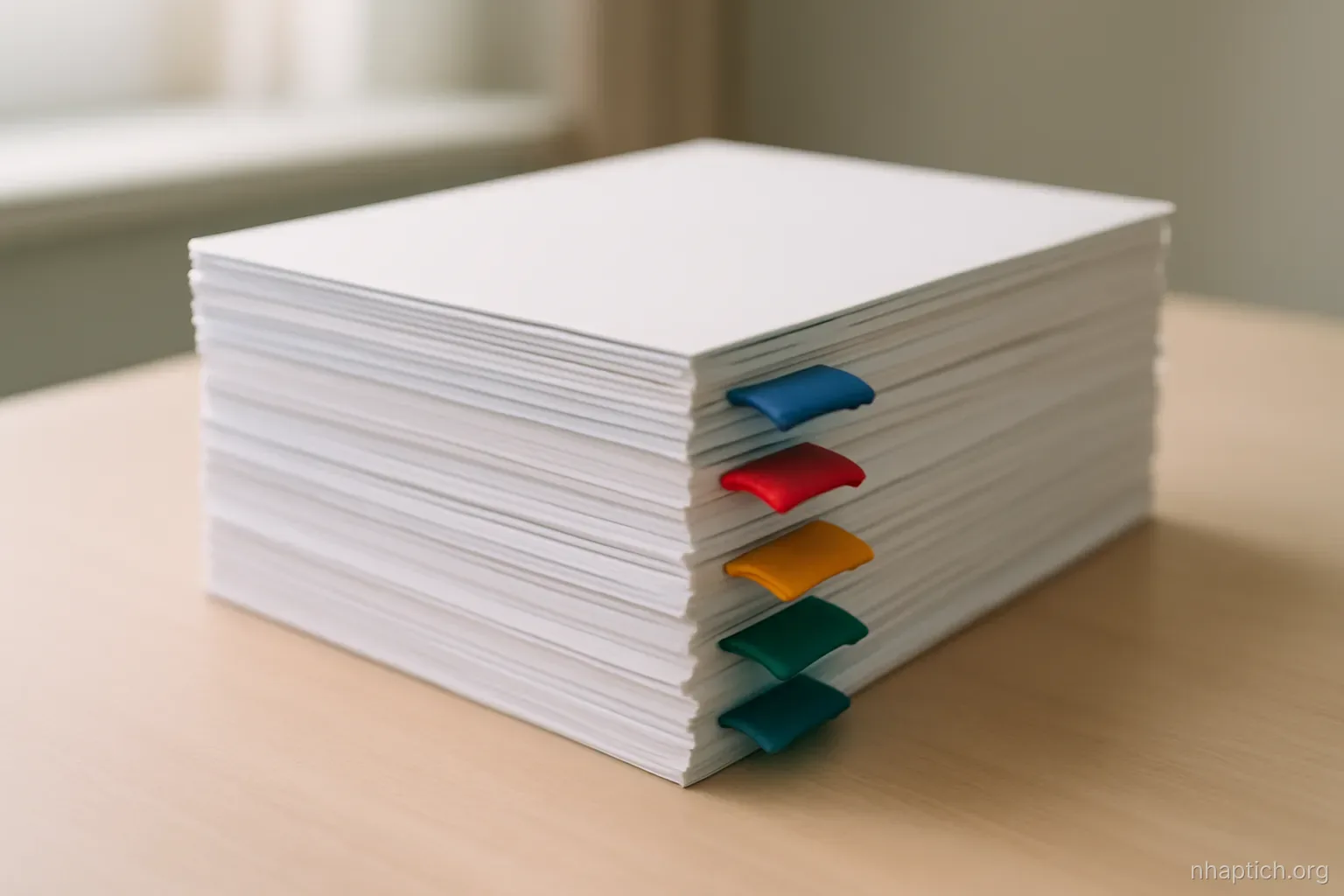 a neatly squared stack of paper with colored tab dividers protruding, sitting alone on a clean desk