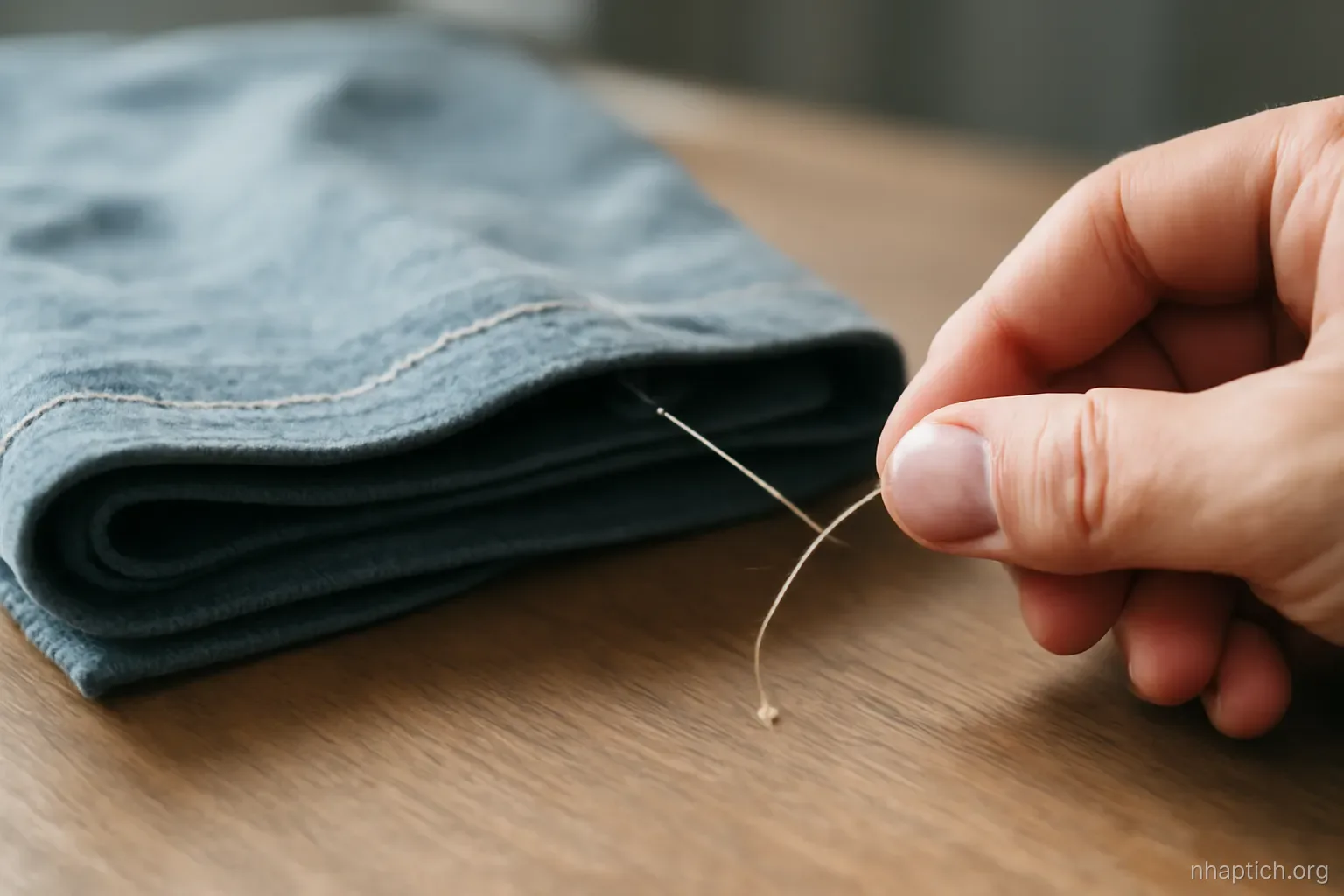 a single loose thread being pulled from the hem of a folded garment on a table, close view