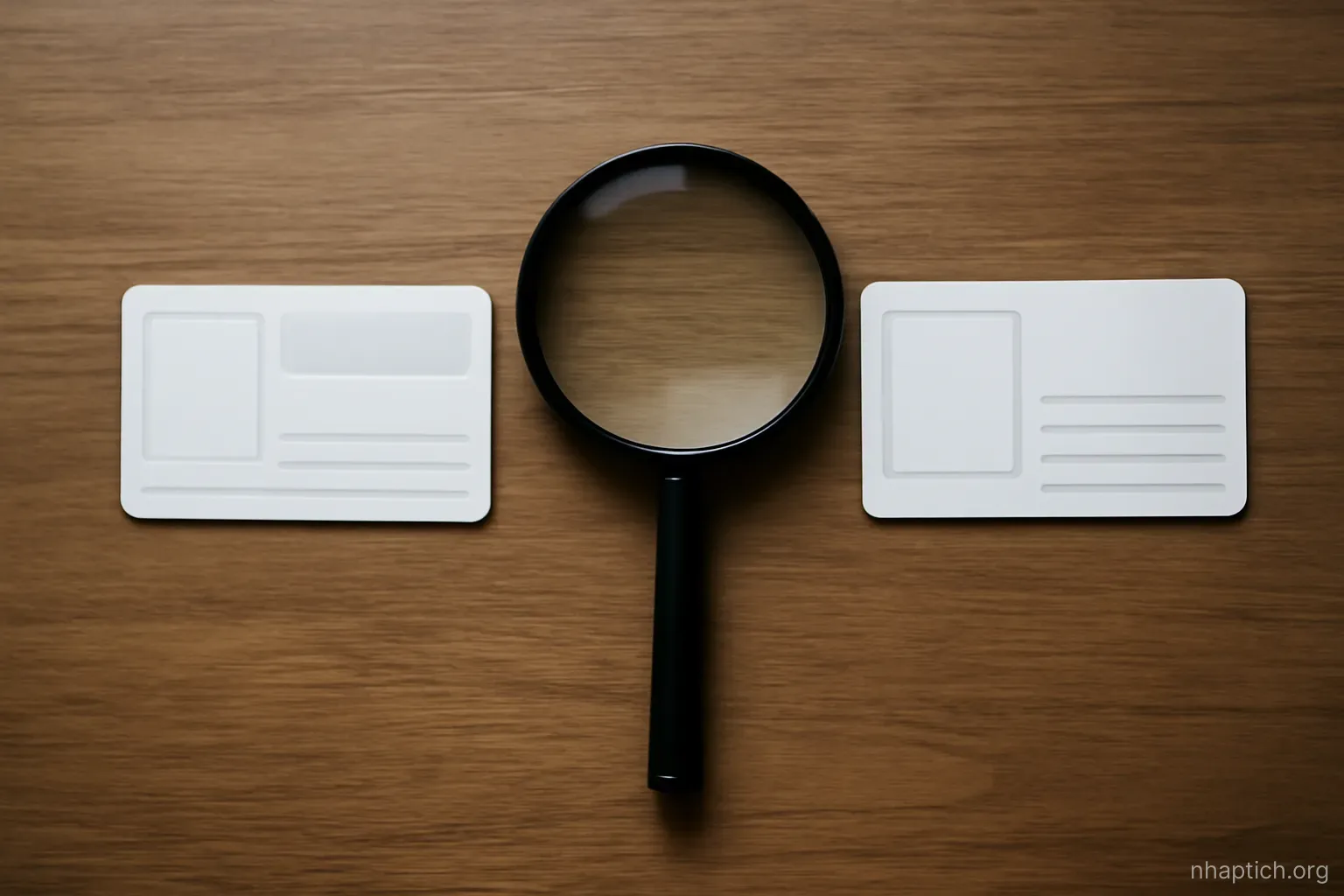 two identity documents placed side by side on a table with a magnifier resting between them, overhead view