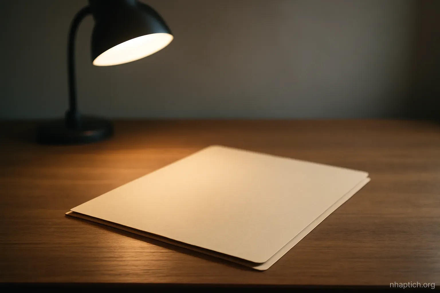 a plain manila folder lying closed on a desk under a desk lamp, nothing written on its cover