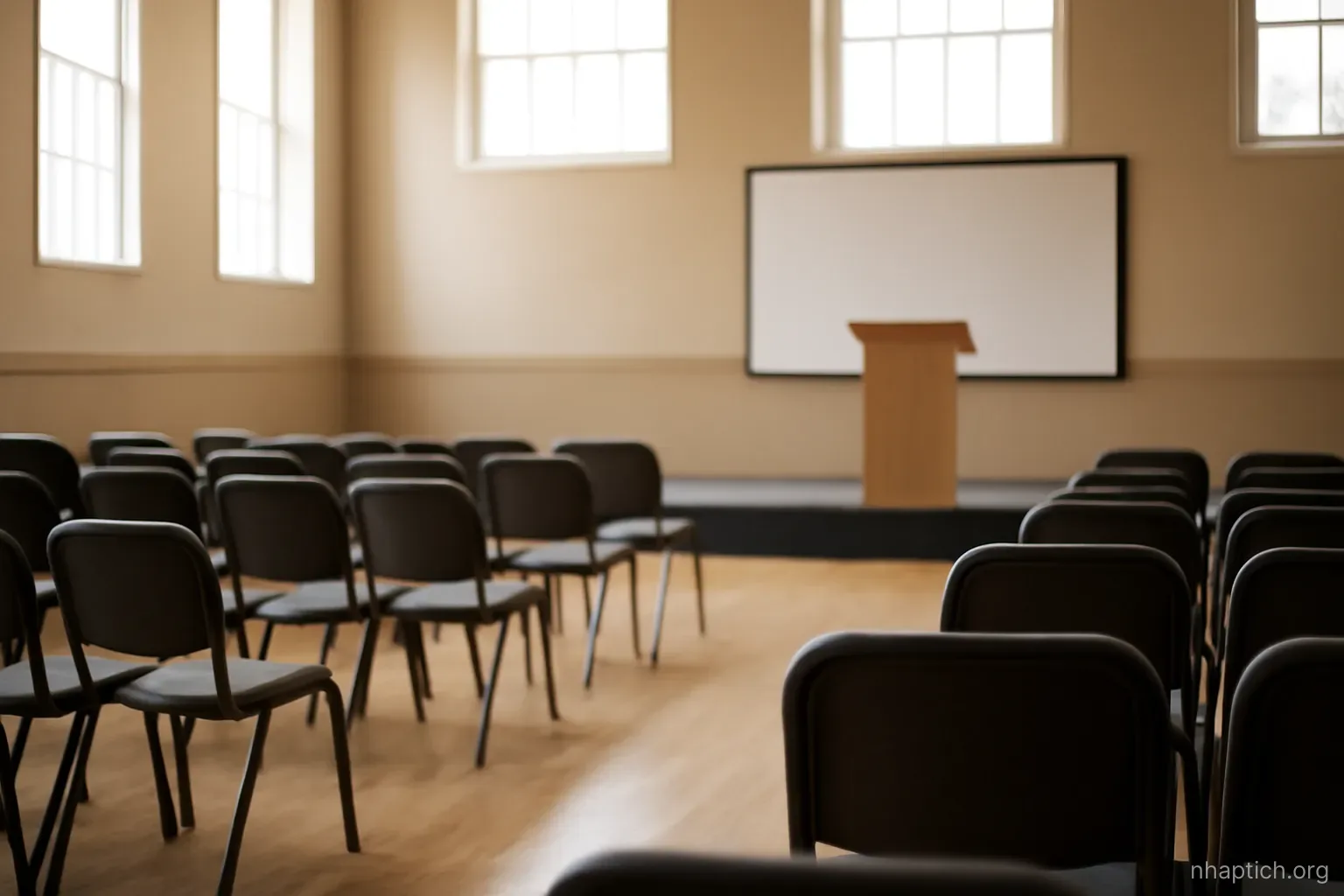 rows of empty chairs facing a small stage with an unadorned lectern in a civic hall, daylight from high windows