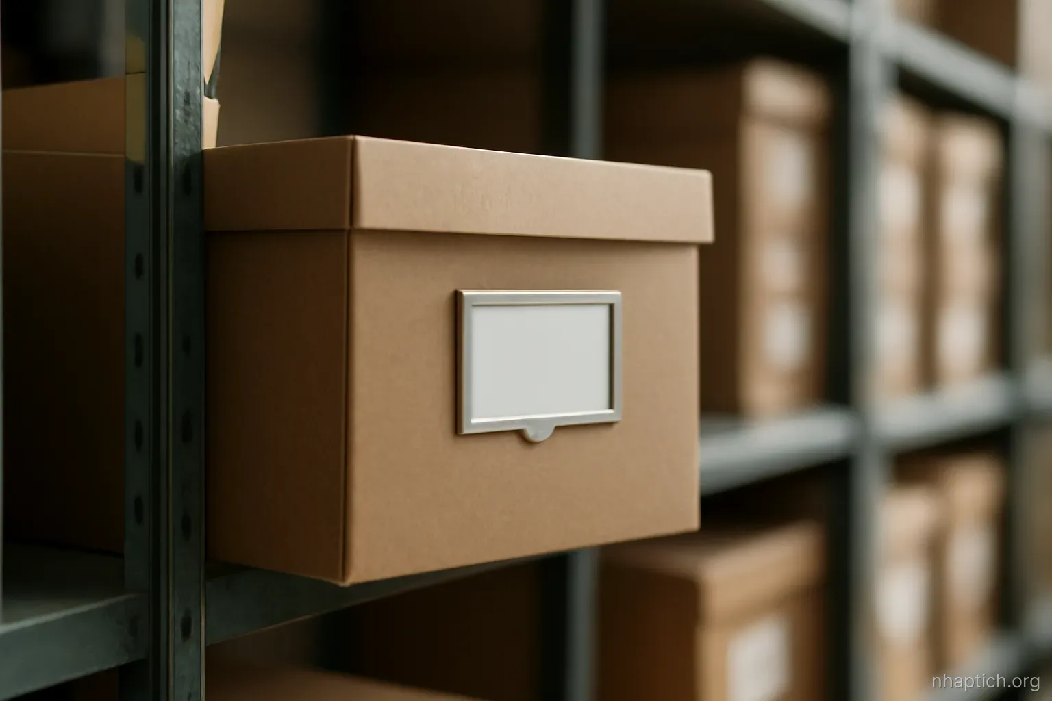 a closed court file box with a plain label holder, sitting on a metal shelf in a records room
