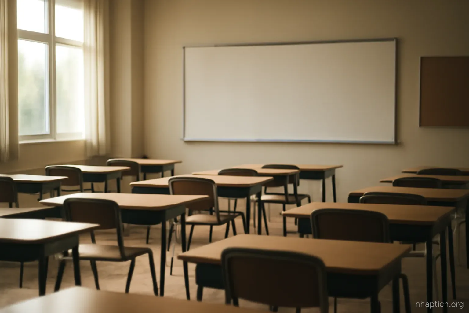 an empty language classroom with rows of desks and a blank whiteboard, morning light through side windows