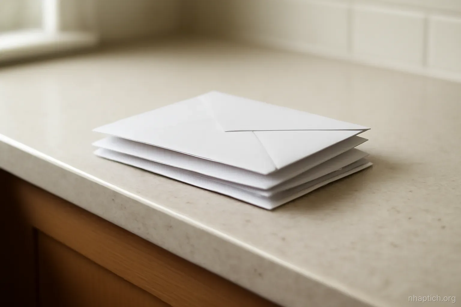 a small stack of unopened envelopes pushed to the corner of a kitchen counter, soft daylight