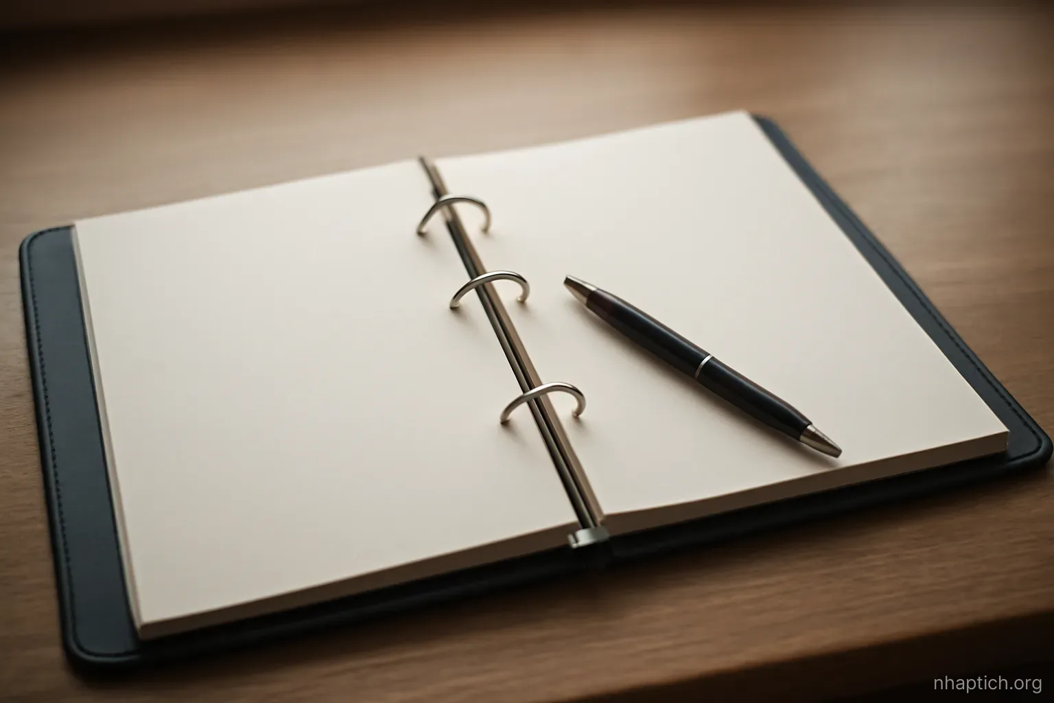 an open ring binder on a desk with a pen resting in the gutter between two blank pages