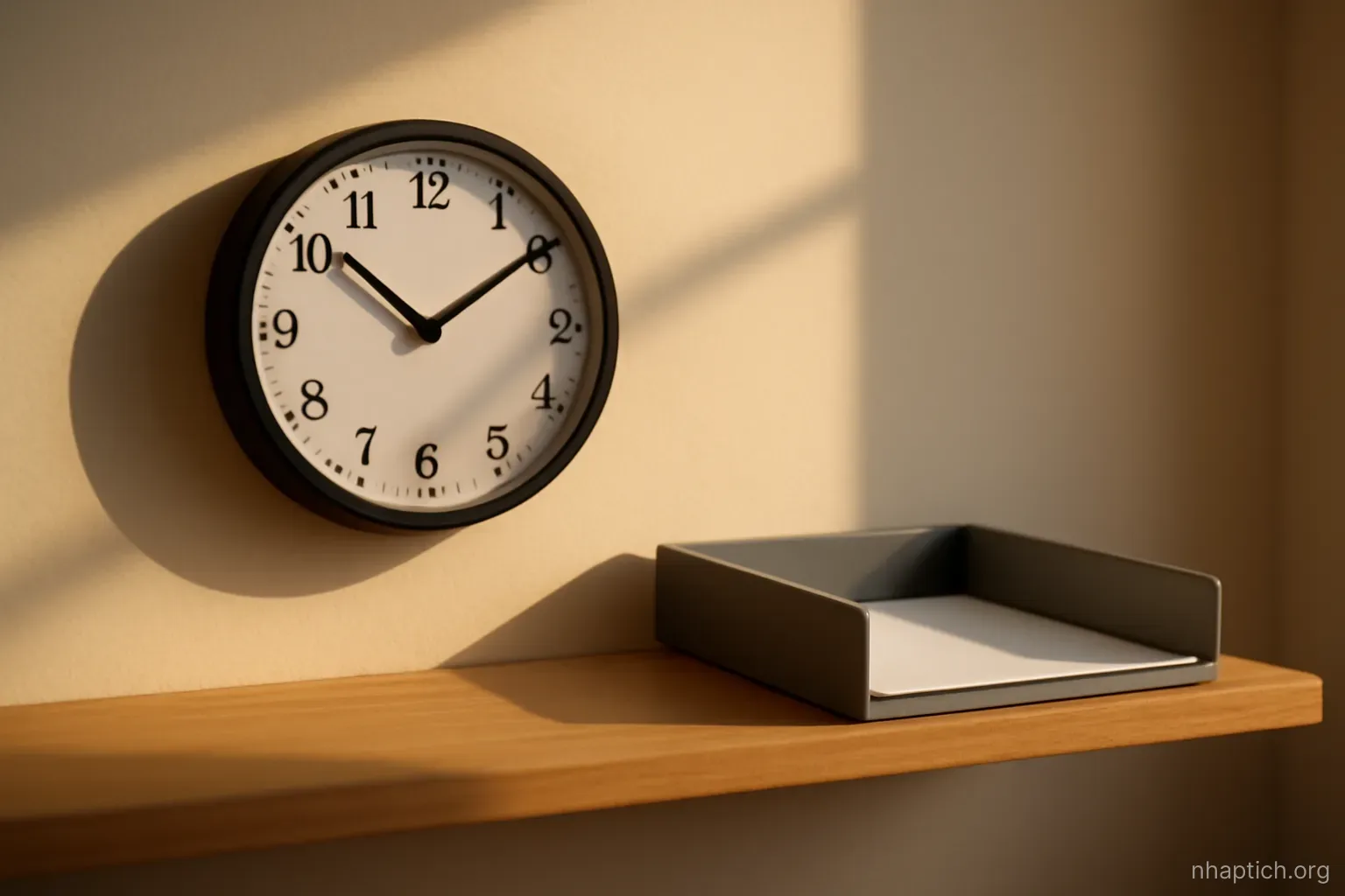 a wall clock and an empty inbox tray on an office wall shelf, late afternoon shadow across them