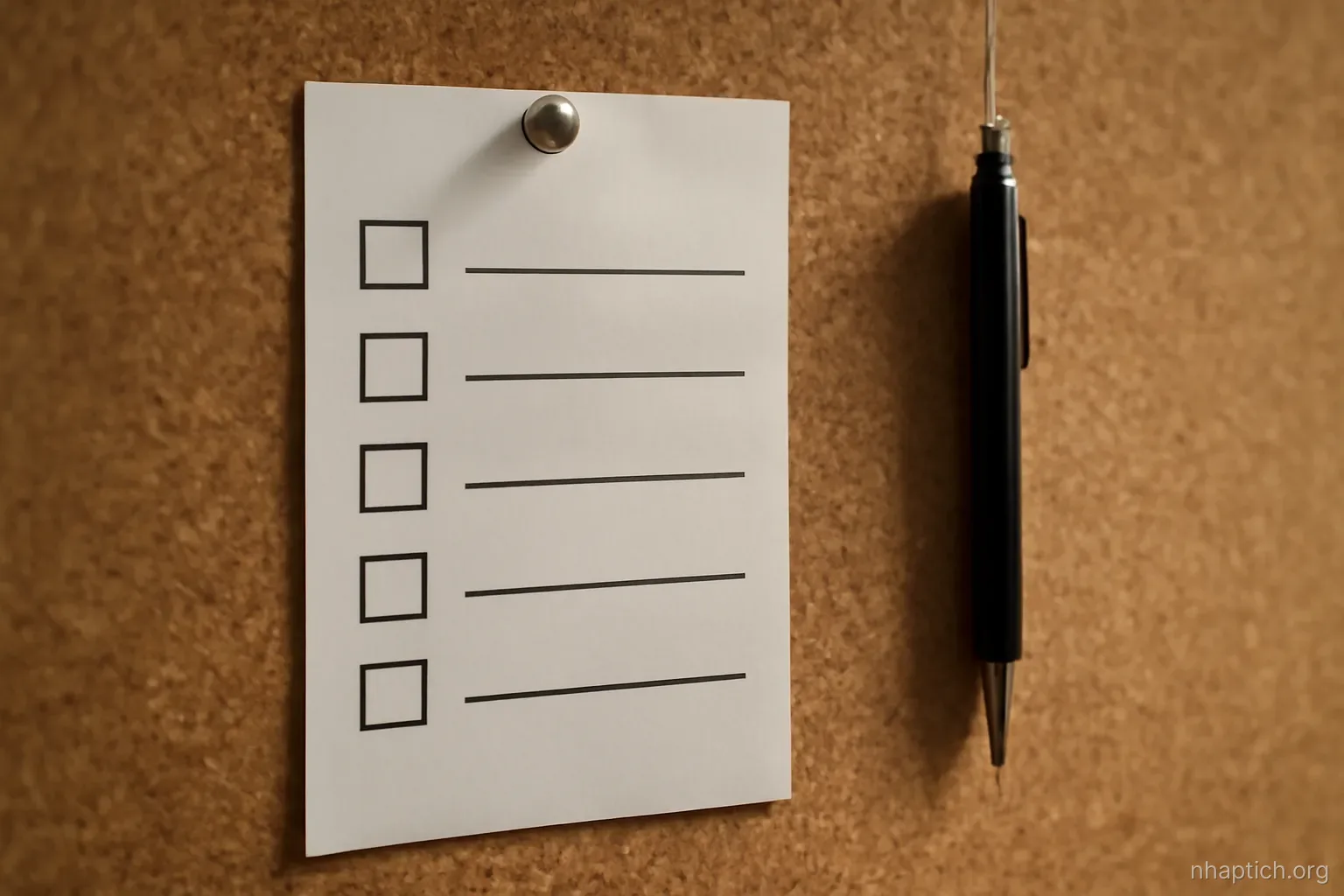 a printed checklist pinned to a corkboard with the lines blank, a pen hanging on a string beside it