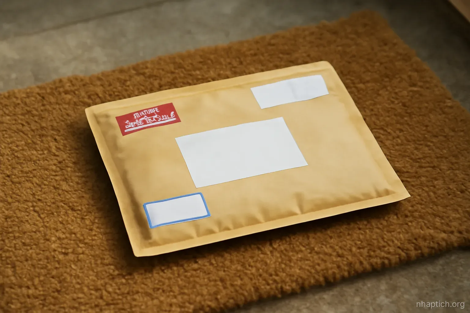 an international postal envelope with customs stickers lying unopened on a doormat, natural daylight