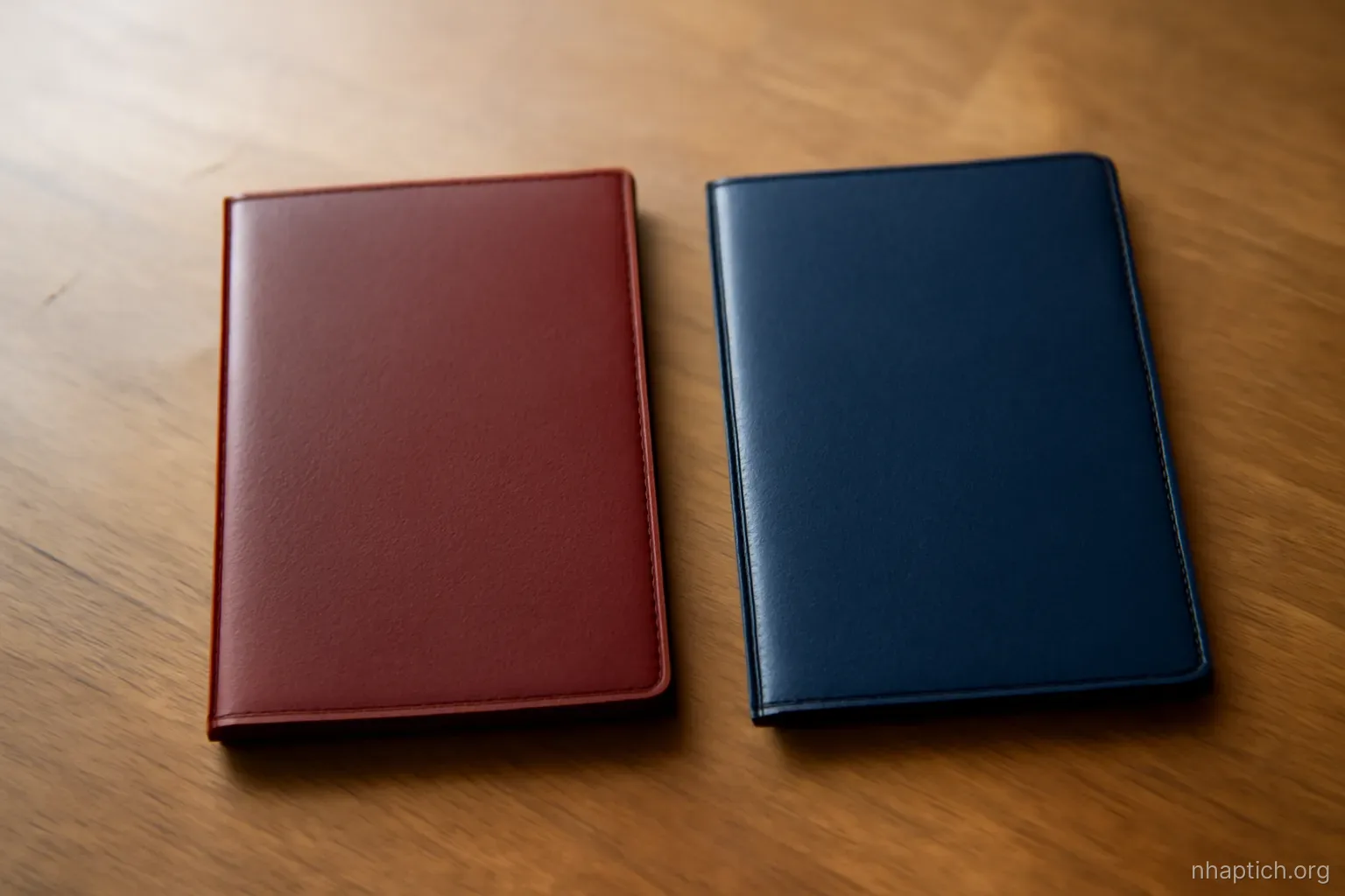 two passports of different colors lying side by side on a wooden table, both closed, seen from above
